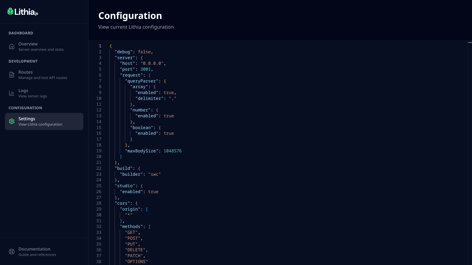 Lithia Studio Configuration Viewer showing lithia.config.ts settings