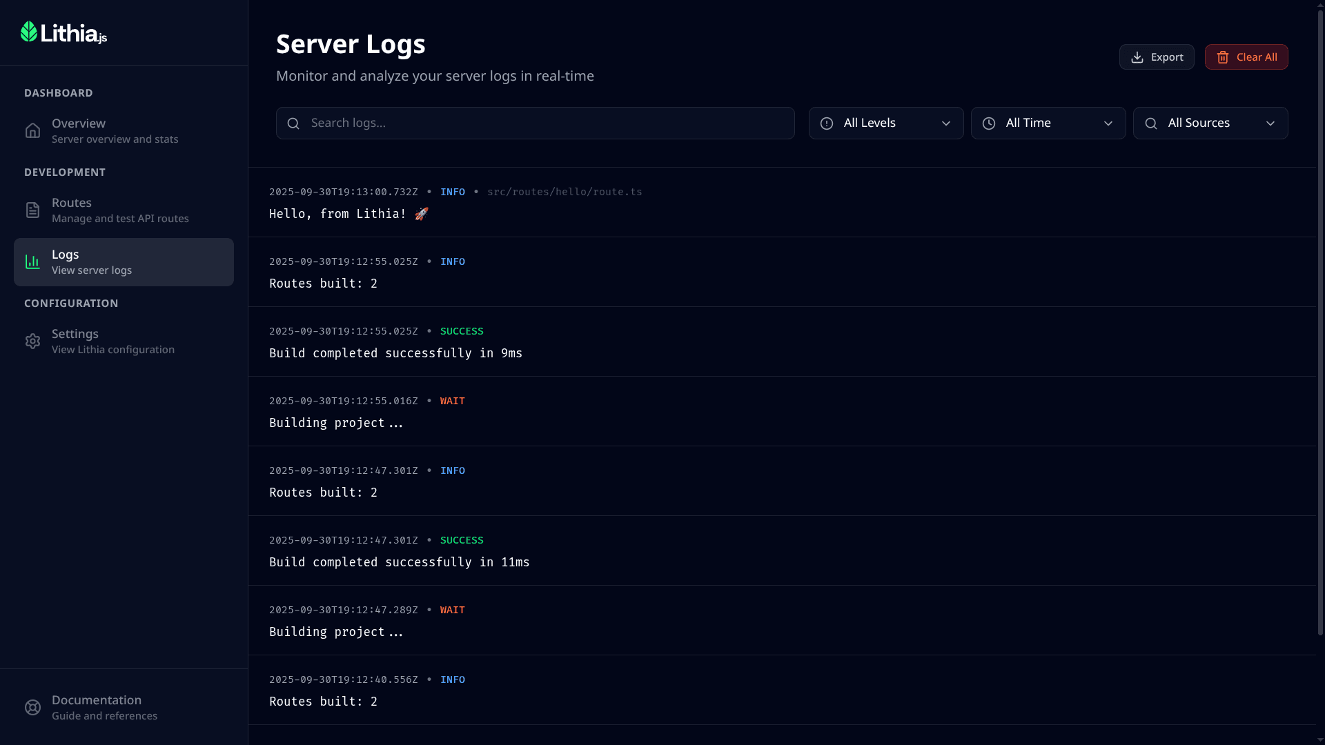 Lithia Studio Real-time Logs showing live log streaming