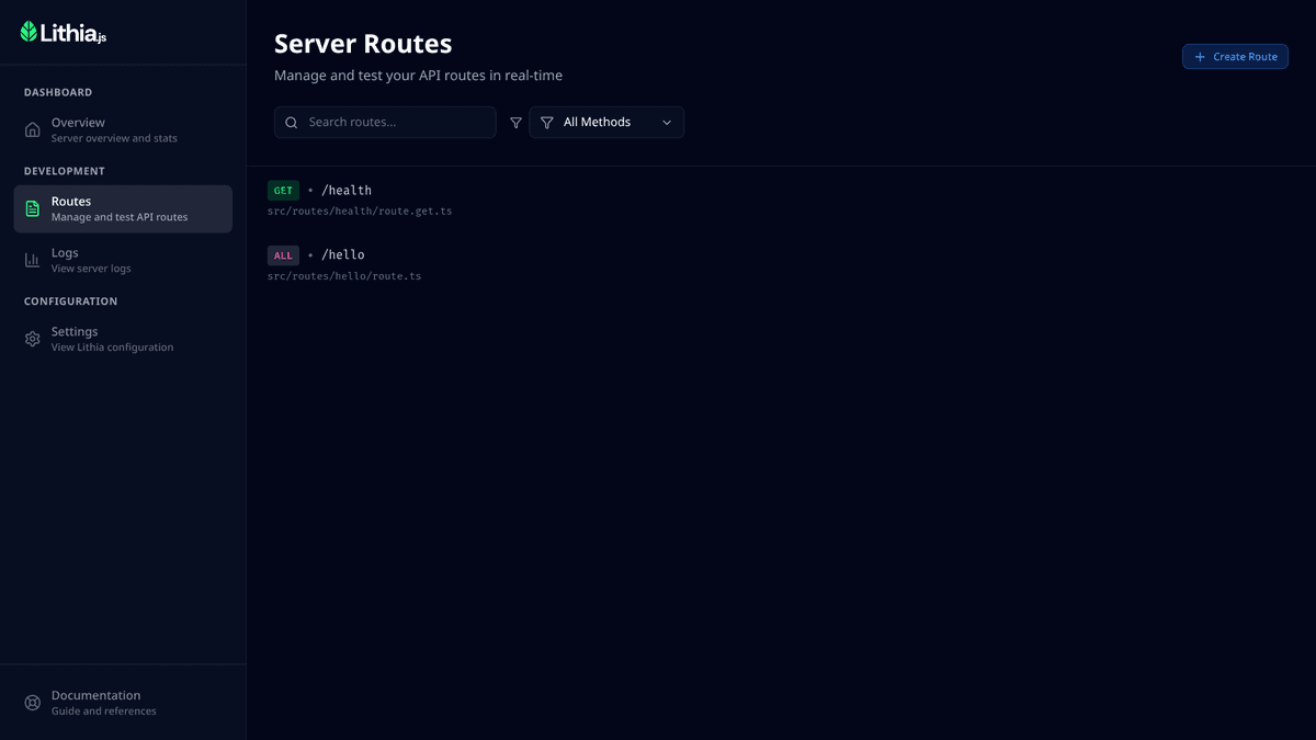 Lithia Studio Route Explorer showing all API routes