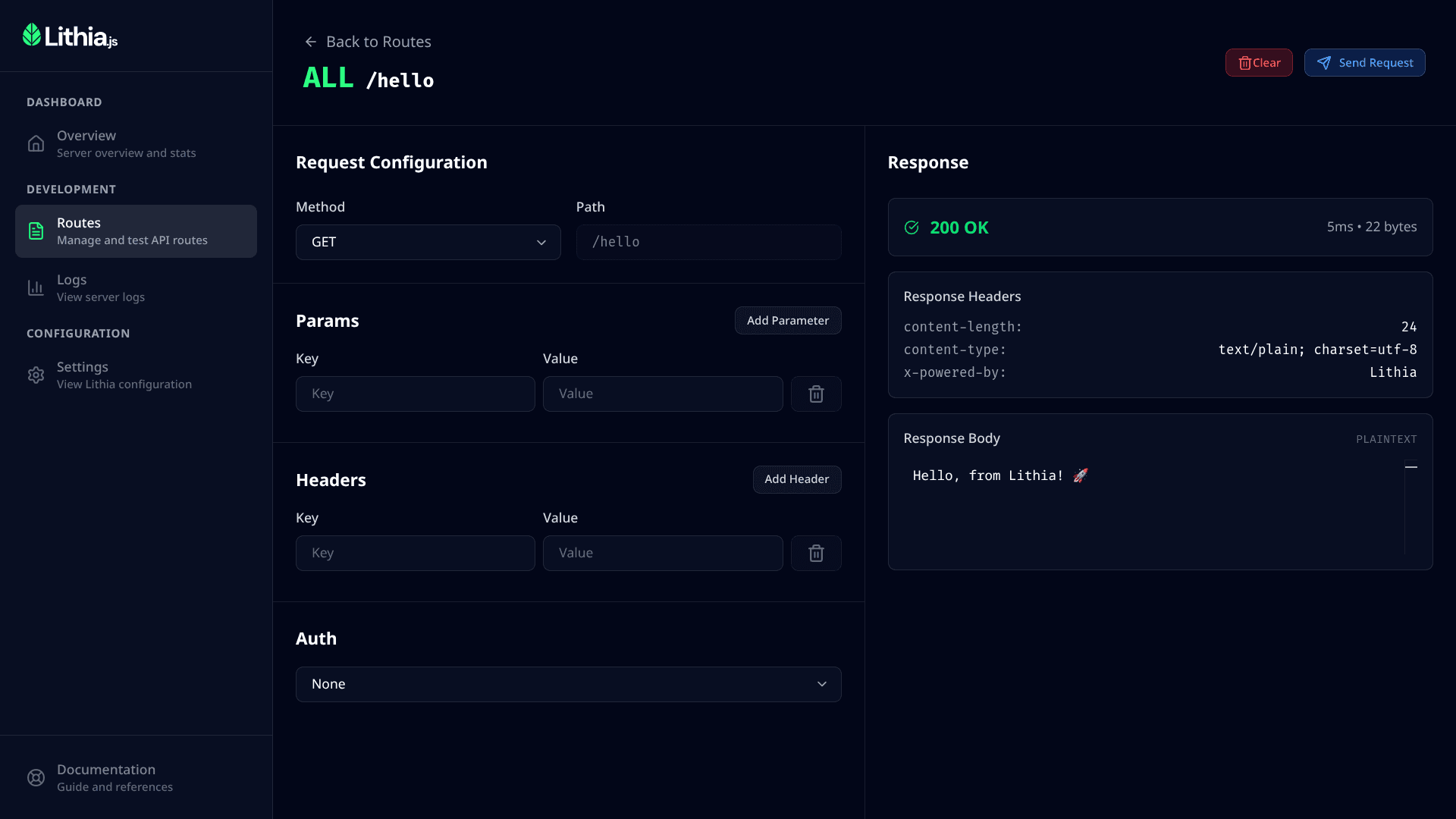 Lithia Studio Route Tester showing API endpoint testing